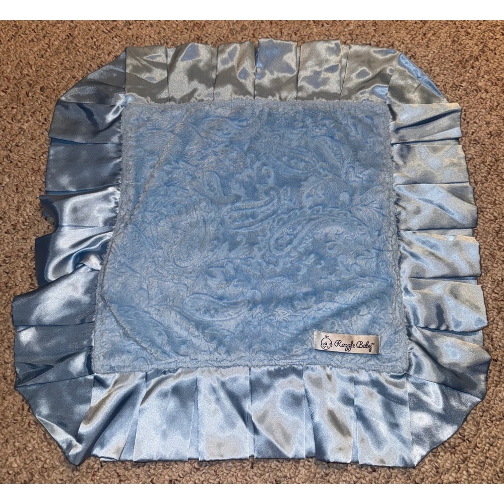 Razzle Baby Blue Paisley Plush Security Blanket Satin Pleated Trim Lovey 20x20